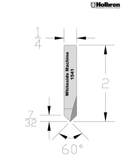 Whiteside 1541 Three Flute V-Groove Router Bit 60 Degree 1/4" Cutting Diameter 7/32" Point Length 1/4" Shank 2 Flute