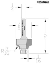 Whiteside 2100 Beading Router Bit w/Ball Bearing 3/16" Radius 7/8" Large Diameter 1/2" Cut Length 1/4" Shank 2 Flute
