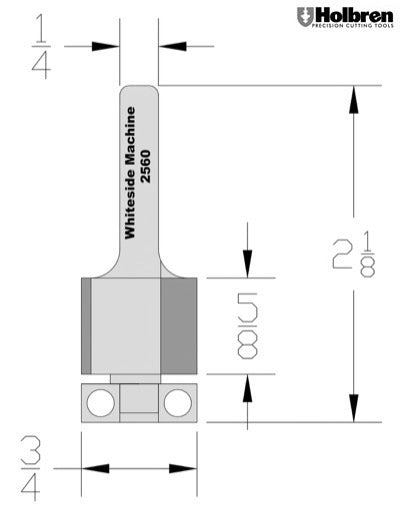 Whiteside 2560 Downshear Flush Trim Router Bit 3/4" Cutting Diameter 5/8" Cut Length 1/4" Shank 2 Flute