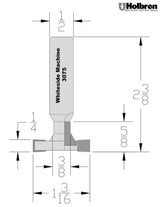 Whiteside 3075 T-Slot Cutter Router Bit 1-3/16" Large Diameter 1/4" Slot Cut Length 3/8"  Straight Cut Length 1/2" Shank 2 Flute