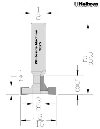 Whiteside 3075 T-Slot Cutter Router Bit 1-3/16" Large Diameter 1/4" Slot Cut Length 3/8"  Straight Cut Length 1/2" Shank 2 Flute
