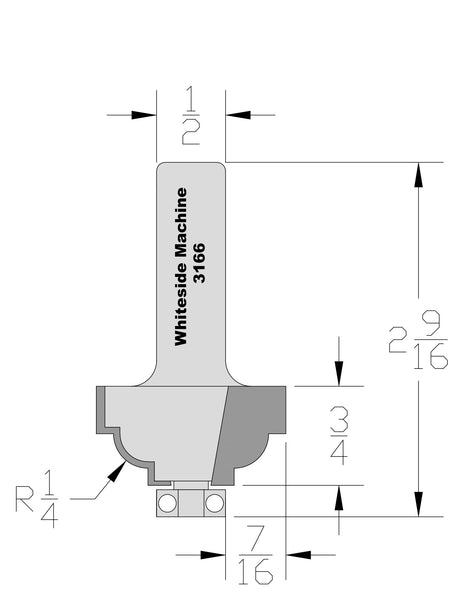 Whiteside 3166 Classical Cove Router Bit 1/4" Radius 1-3/8" Large Diameter 3/4" Cut Length 1/2" Shank 2 Flute