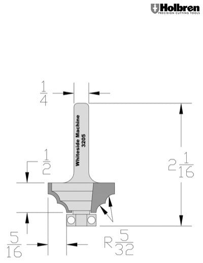 Whiteside 3205 Double Round Router Bit 5/32" Radius 1-1/8" Large Diameter 1/2" Cut Length 1/4" Shank 2 Flute