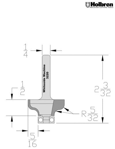 Whiteside 3220 Ogee Router Bit 5/32" Radius 1-1/8" Large Diameter 1/2" Cut Length 1/4" Shank 2 Flute