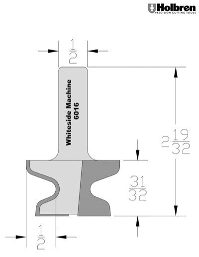 Whiteside 6016 Door Edge Router Bit 1-5/8" Large Diameter 5/16" Cut Length 1/2" Shank 2 Flute