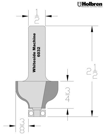 Whiteside 6032 Drawer Edge Finger Pull Router Bit 1-1/4" Large Diameter 3/4" Cut Length 1/2" Shank 2 Flute