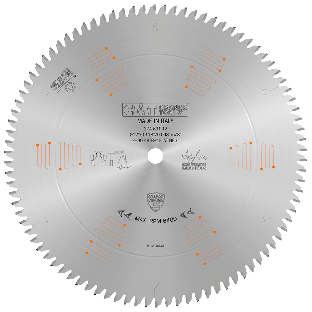 CMT Chrome Ultra Fine Finish Sliding Miter Saw Blade 12" ATB+R 90T 5/8" Arbor