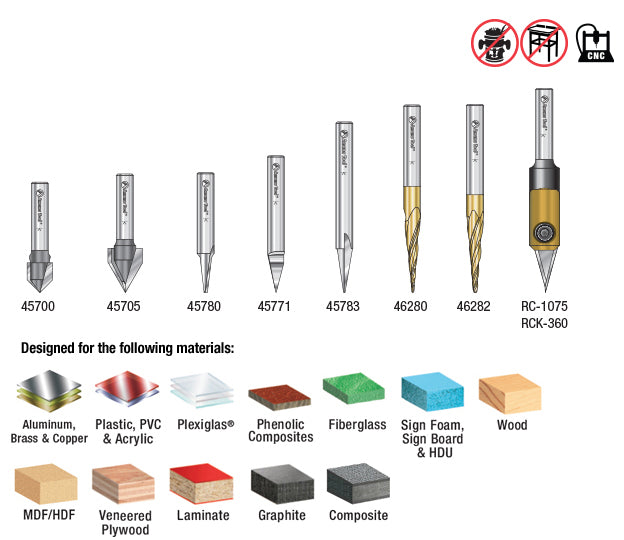 Amana AMS-128 8-Pc 'V' Carving CNC Router Bit Collection 1/4 Inch Shank