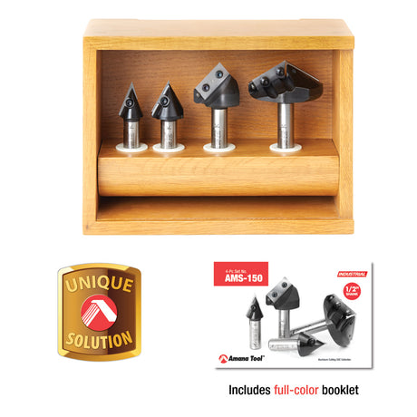 Amana AMS-150 4-Pc 3D CNC Signmaking, Lettering & Engraving Insert Solid Carbide 45, 60, 90 & 120 Degree V-Groove Router Bit Collection 1/2 Inch Shank
