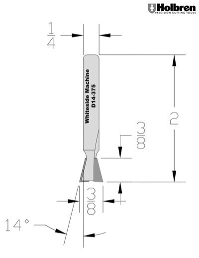 Whiteside D14-375 Dovetail Router Bit 14 Degree 3/8" Large Diameter 3/8" Cut Depth 1/4" Shank 2 Flute