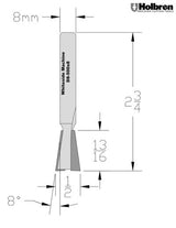 Whiteside D8-500x8 Dovetail Router Bit 8 Degree 1/2" Large Diameter 13/16" Cut Depth 8mm Shank 2 Flute