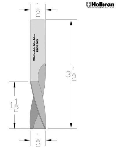 Whiteside RD5150S Slow Downcut Spiral Router Bit Solid Carbide 1/2" Cutting Diameter 1-1/2" Cut Length 1/2" Shank 3 Flute