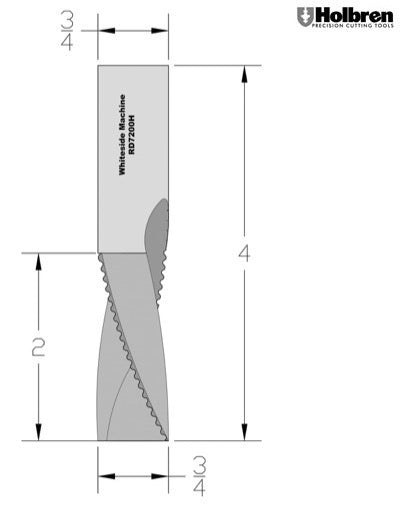 Whiteside RD7200H Roughing Downcut Spiral Router Bit Solid Carbide 3/4" Cutting Diameter 2" Cut Length 3/4" Shank 3 Flute