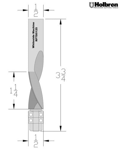 Whiteside RFTD5125 Downcut 1/2" Cutting Diameter 1-1/4" Cut Length Solid Carbide Spiral Flush Trim 1/2" Shank 2 Flute
