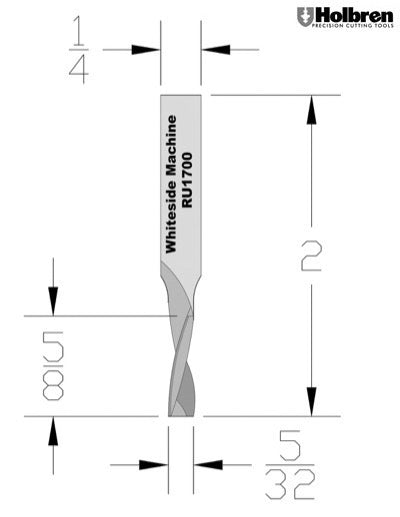 Whiteside RU1700 Standard Upcut Spiral Router Bit Solid Carbide 5/32" Cutting Diameter 5/8" Cut Length 1/4" Shank 2 Flute