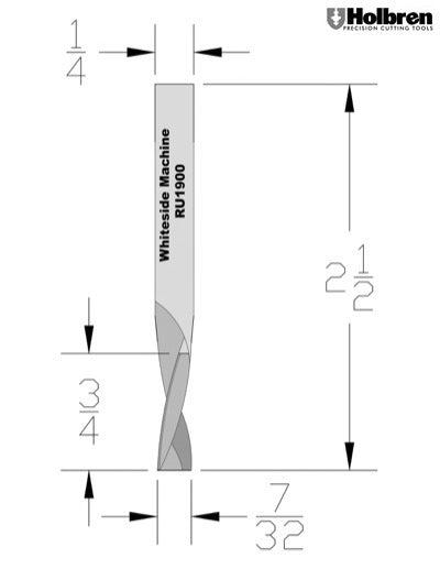 Whiteside RU1900 Standard Upcut Spiral Router Bit Solid Carbide 7/32" Cutting Diameter 3/4" Cut Length 1/4" Shank 2 Flute