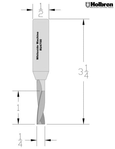 Whiteside RU4700 Standard Upcut Spiral Router Bit Solid Carbide 1/4" Cutting Diameter 1" Cut Length 1/2" Shank 2 Flute
