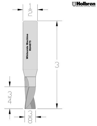 Whiteside RU4875 Standard Upcut Spiral Router Bit Solid Carbide 3/8" Cutting Diameter 3/4" Cut Length 1/2" Shank 2 Flute