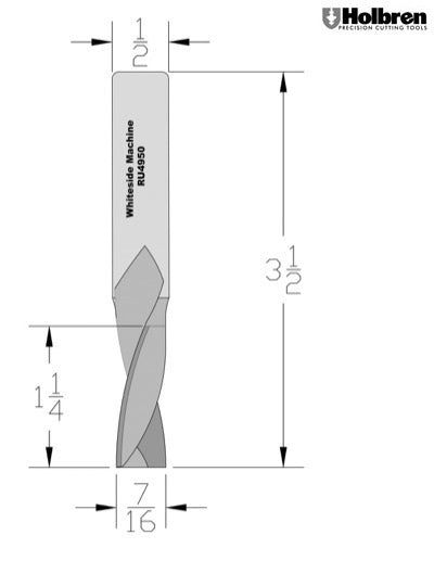 Whiteside RU4950 Standard Upcut Spiral Router Bit Solid Carbide 7/16" Cutting Diameter 1-1/4" Cut Length 1/2" Shank 2 Flute