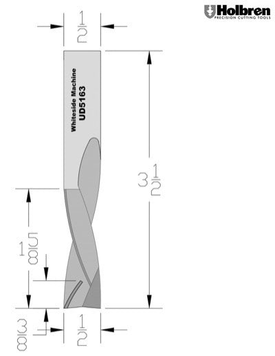 Whiteside UD5163 Up/Down Compression Bit Solid Carbide 3+3 1/2" Cutting Diameter 1-5/8" Cut Length 1/2" Shank 3 Flute
