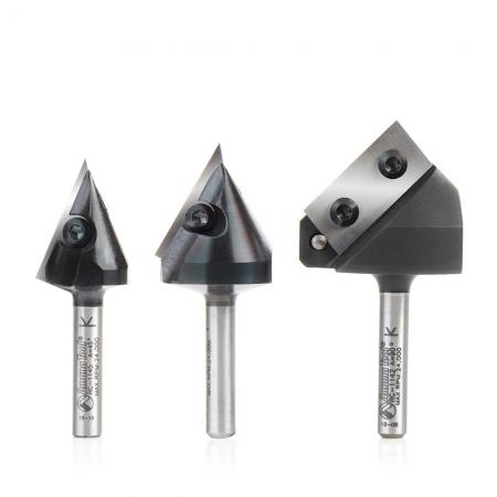 Amana AMS-153 3-Pc 3D CNC Signmaking, Lettering & Engraving Insert Solid Carbide 45, 60 & 90 Degree V-Groove Router Bit Pack 1/4 Inch Shank